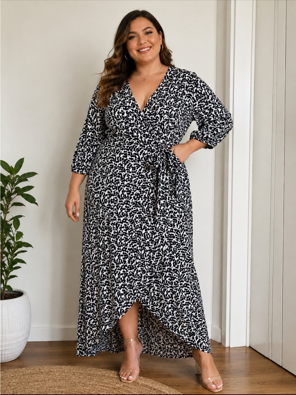 Lane Bryant Midi Wrap Dress Printed Stretch Plus Size 26/28 Belted 3/4 Sleeve